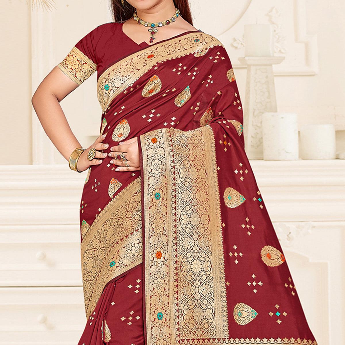 Maroon Festive Wear Woven Jari Border Soft Silk Saree - Peachmode