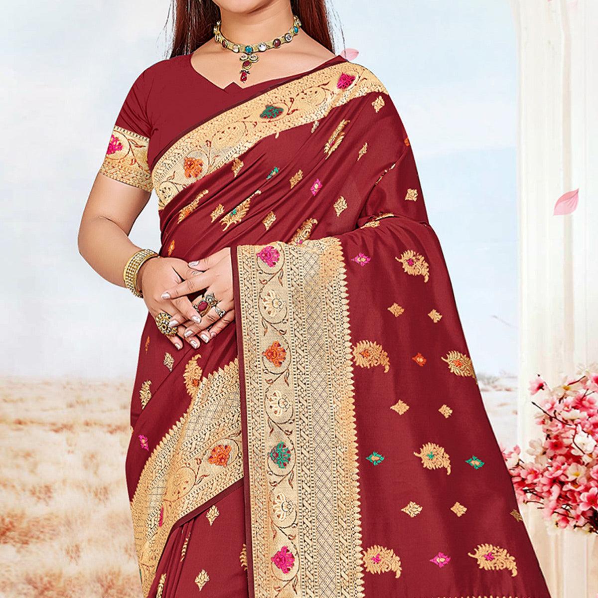 Maroon Festive Wear Woven Jari Border Soft Silk Saree - Peachmode