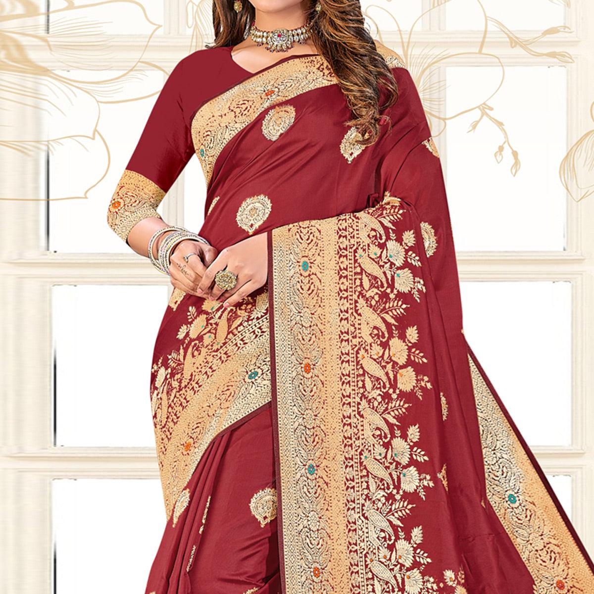 Maroon Festive Wear Woven Jari Border Soft Silk Saree - Peachmode