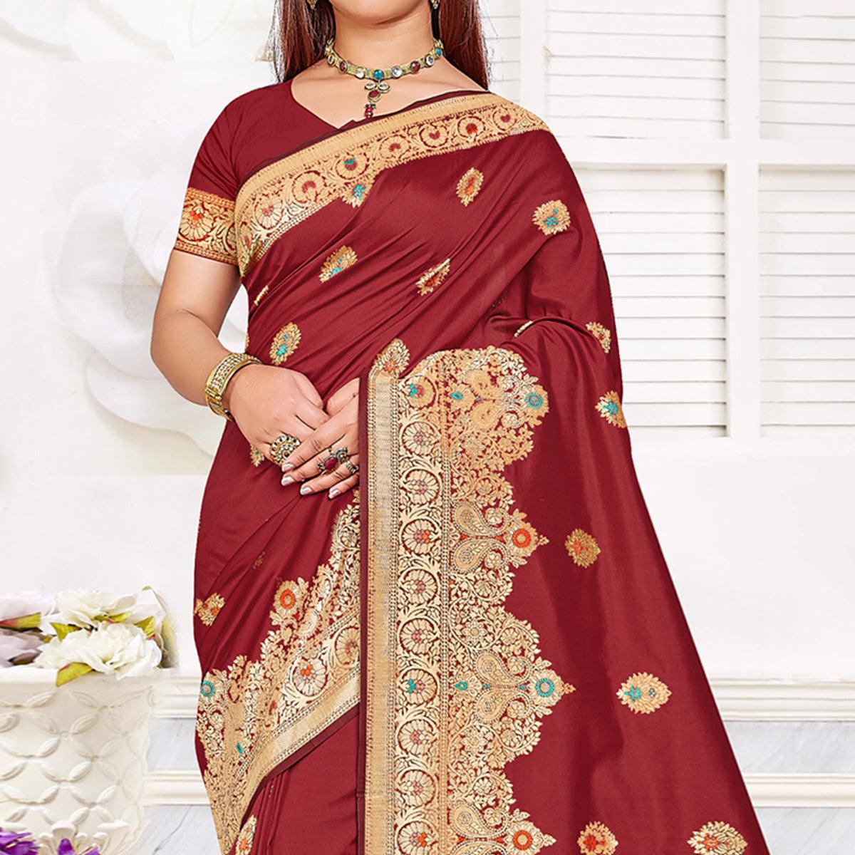 Maroon Festive Wear Woven Jari Border Soft Silk Saree - Peachmode