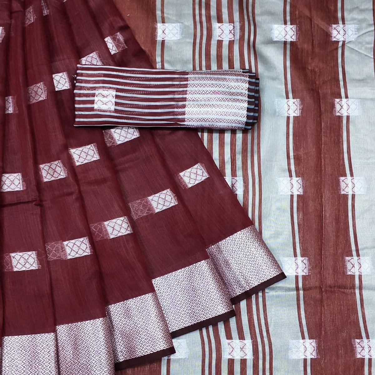 Maroon Festive Wear Woven Linen Saree - Peachmode