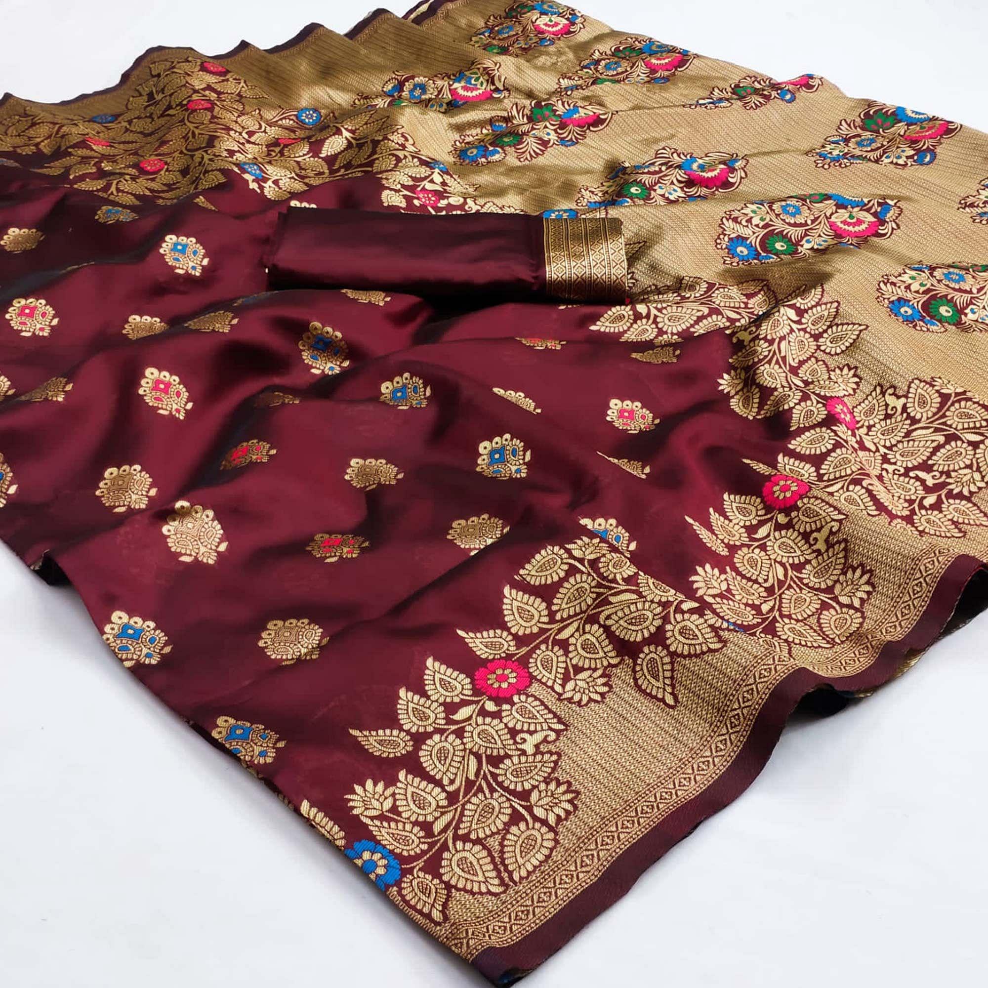 Maroon Festive Wear Woven Litchi Silk Saree - Peachmode