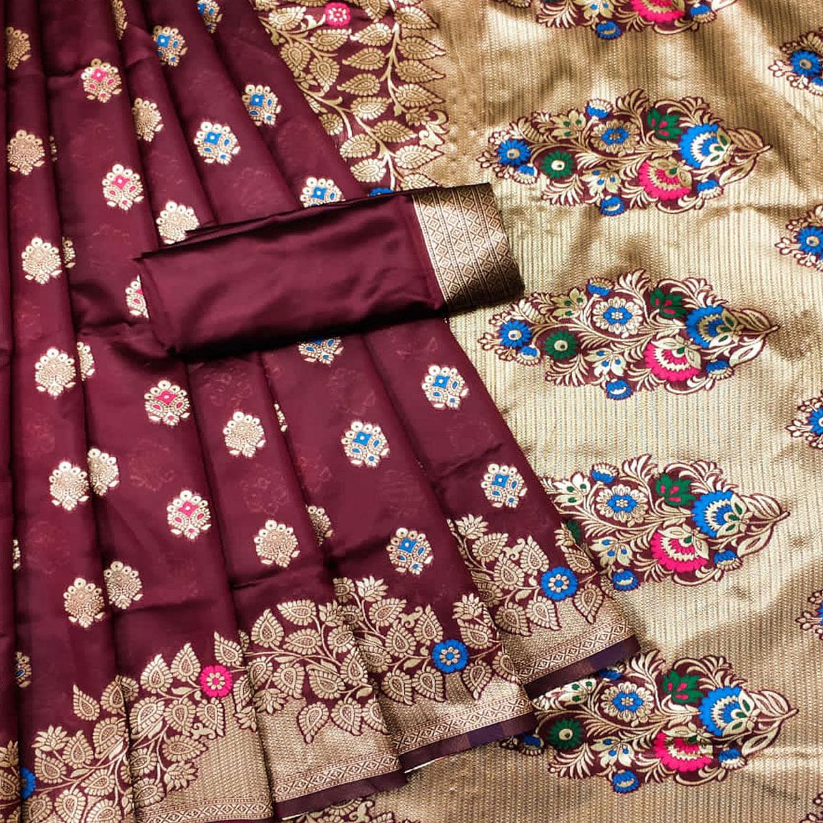 Maroon Festive Wear Woven Litchi Silk Saree - Peachmode