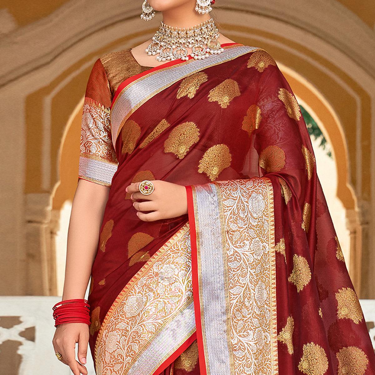 Maroon Festive Wear Woven Organza Saree - Peachmode