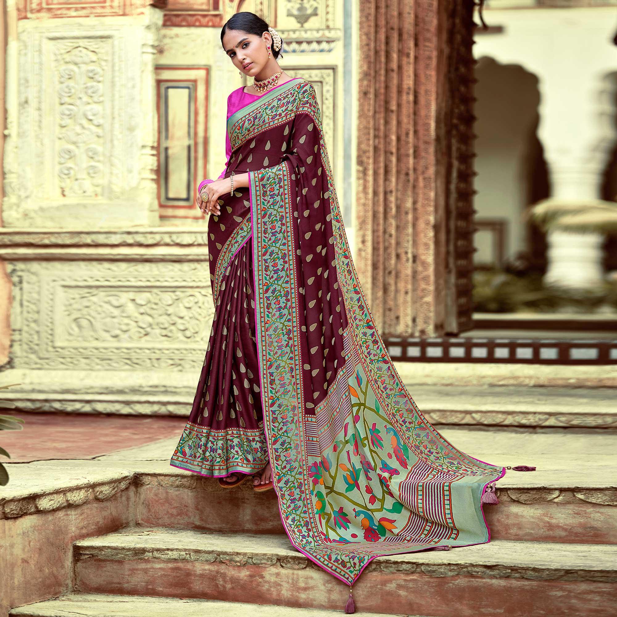 Maroon Festive Wear Woven Paithani Silk Brasso Saree - Peachmode