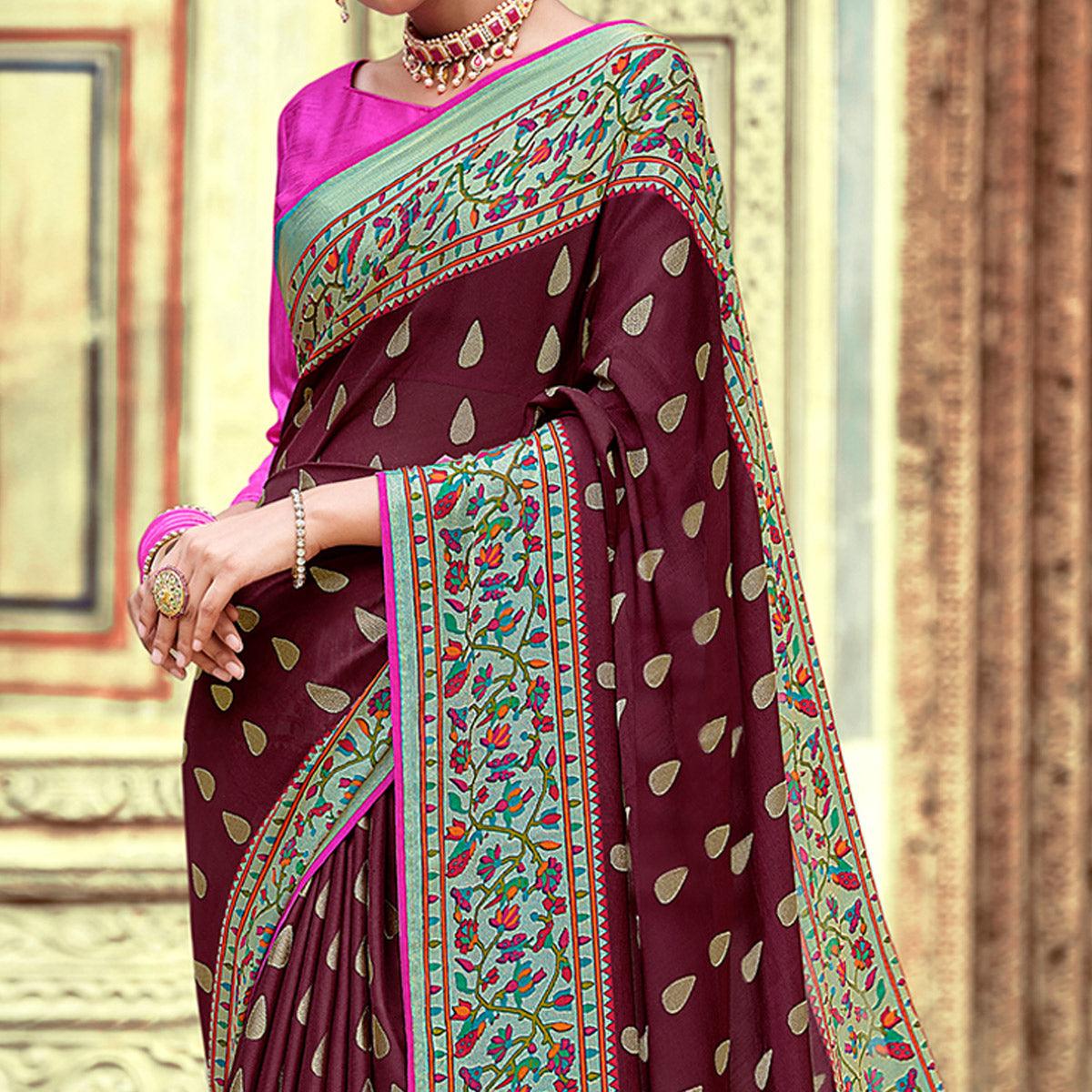 Maroon Festive Wear Woven Paithani Silk Brasso Saree - Peachmode