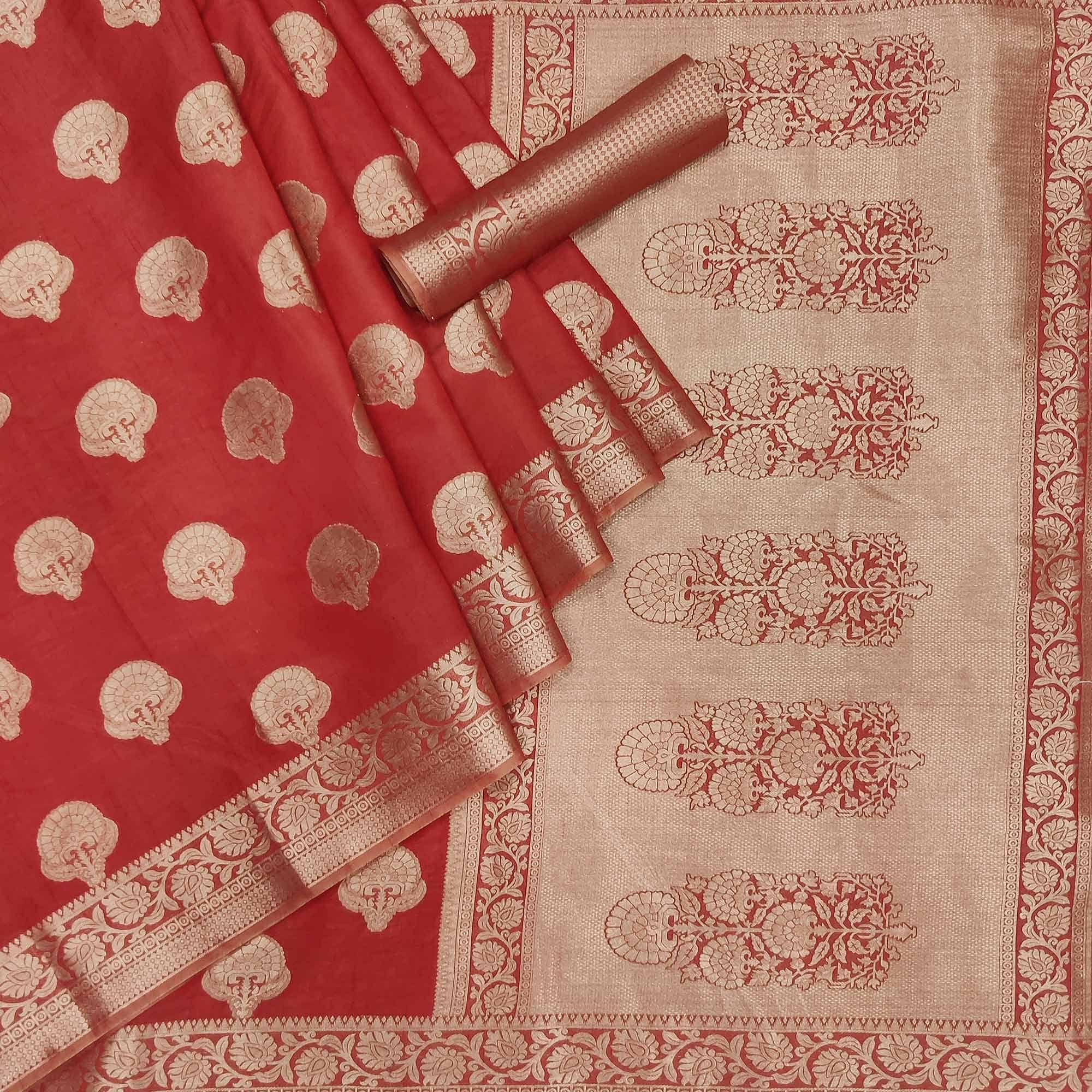 Maroon Festive Wear Woven Raw Silk Saree - Peachmode
