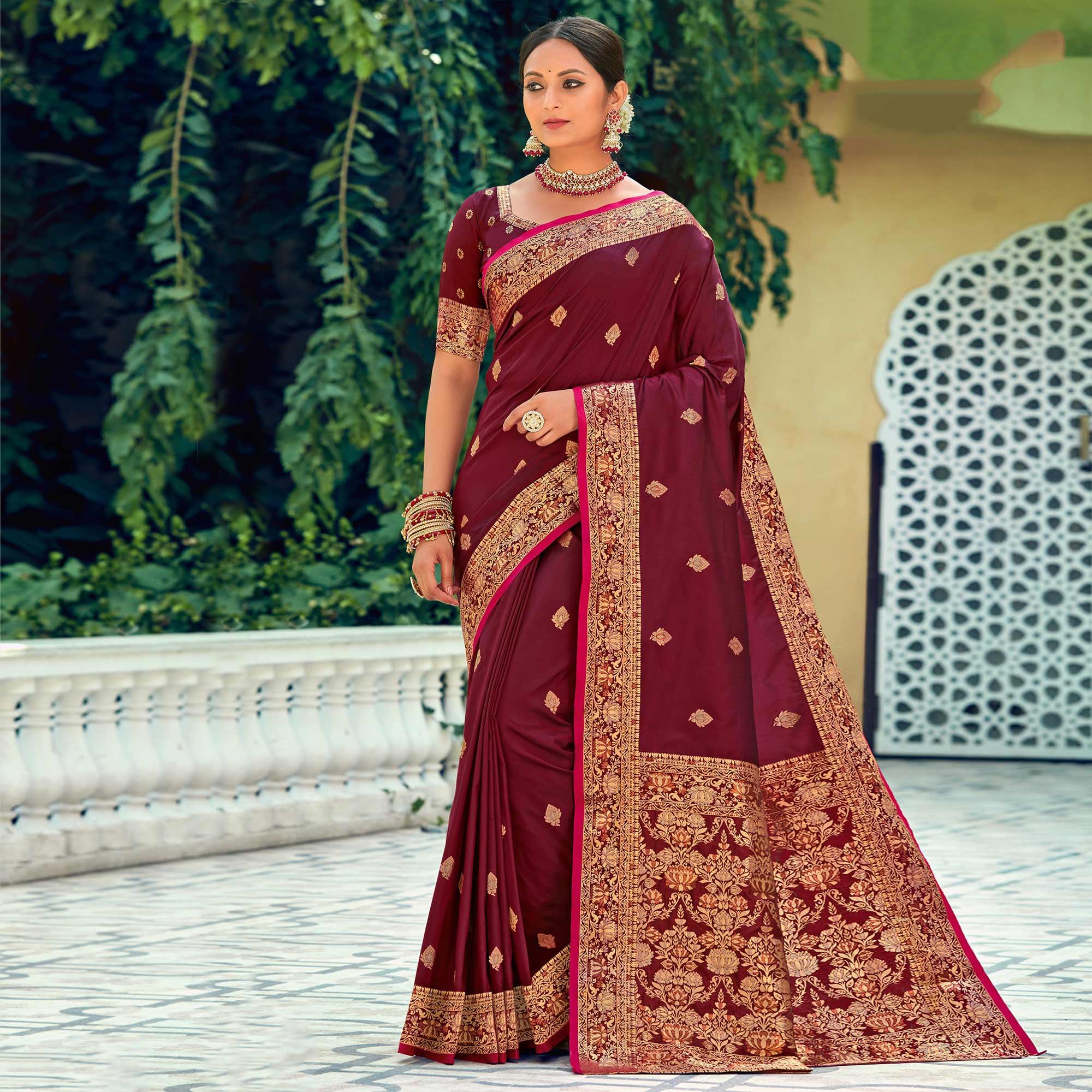 Maroon Festive Wear Woven Silk Saree - Peachmode