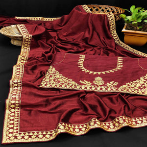 Maroon Festive Wear Woven Silk Saree - Peachmode