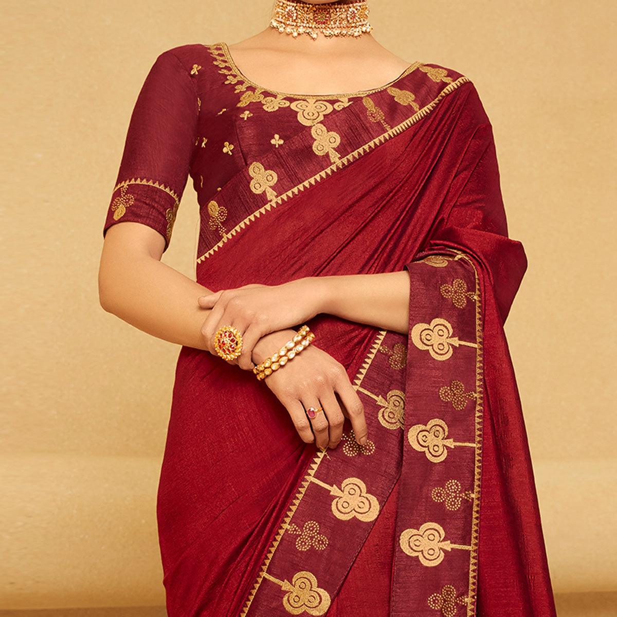 Maroon Festive Wear Woven Silk Saree - Peachmode