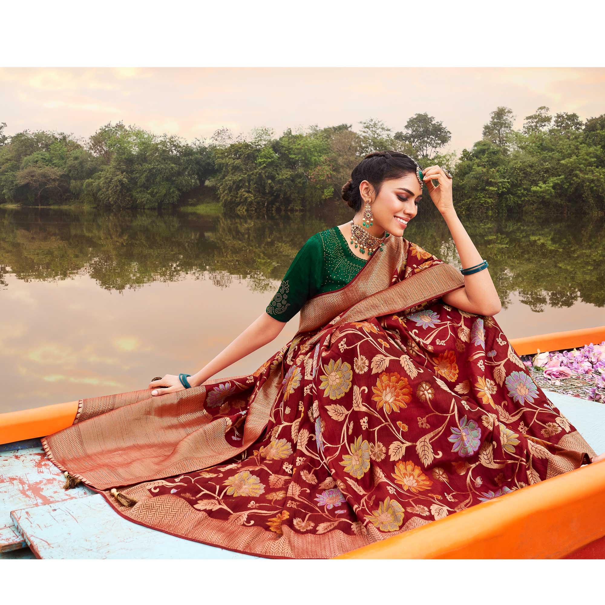 Maroon Festive Wear Woven Silk Saree - Peachmode