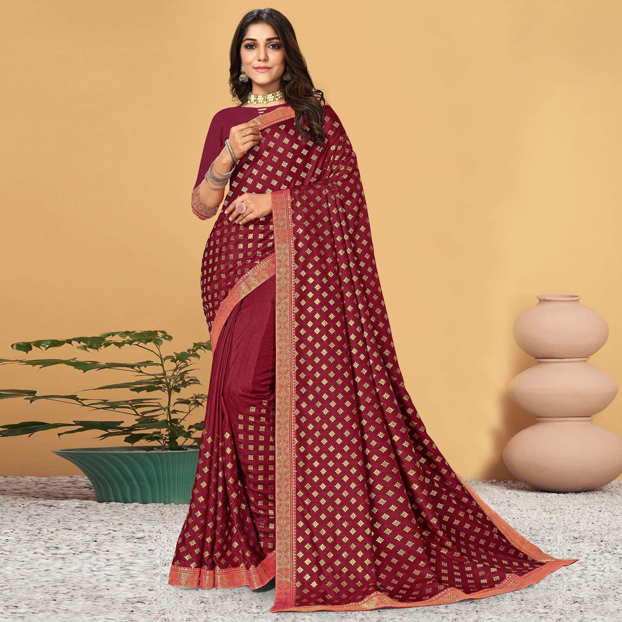 Maroon Festive Wear Woven Vichitra Silk Saree - Peachmode
