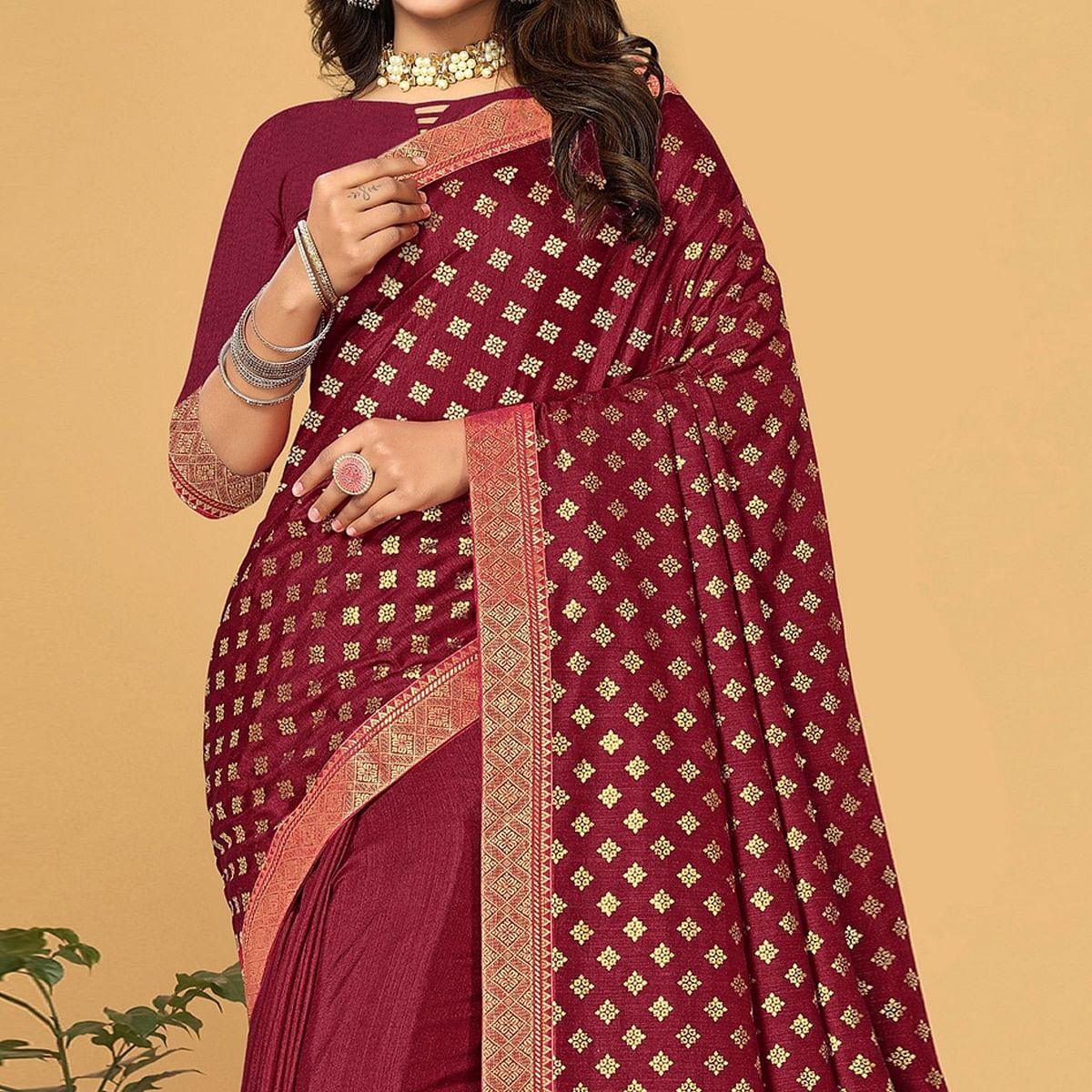 Maroon Festive Wear Woven Vichitra Silk Saree - Peachmode