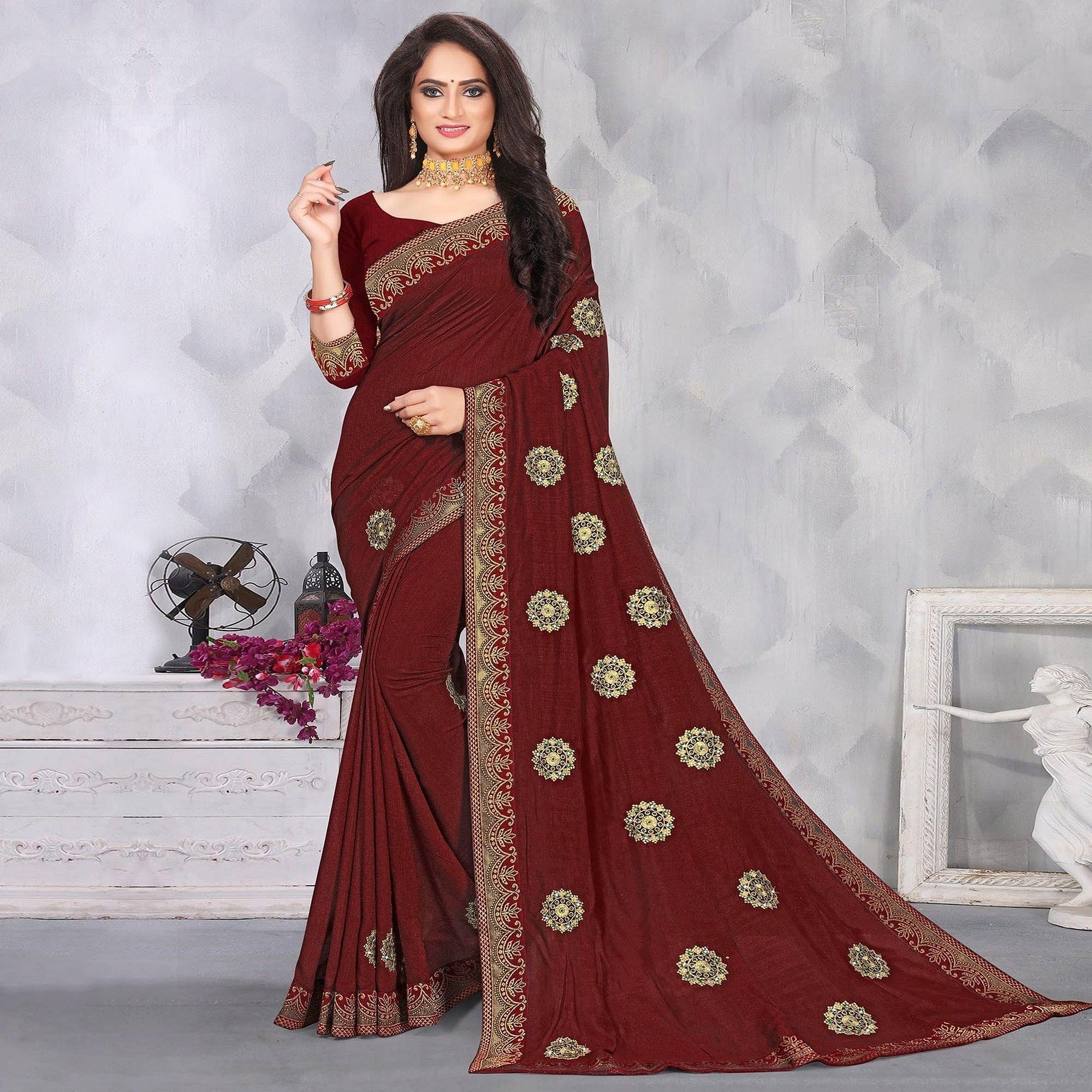 Maroon Festive Wear Woven With Embellished Vichitra Silk Saree - Peachmode