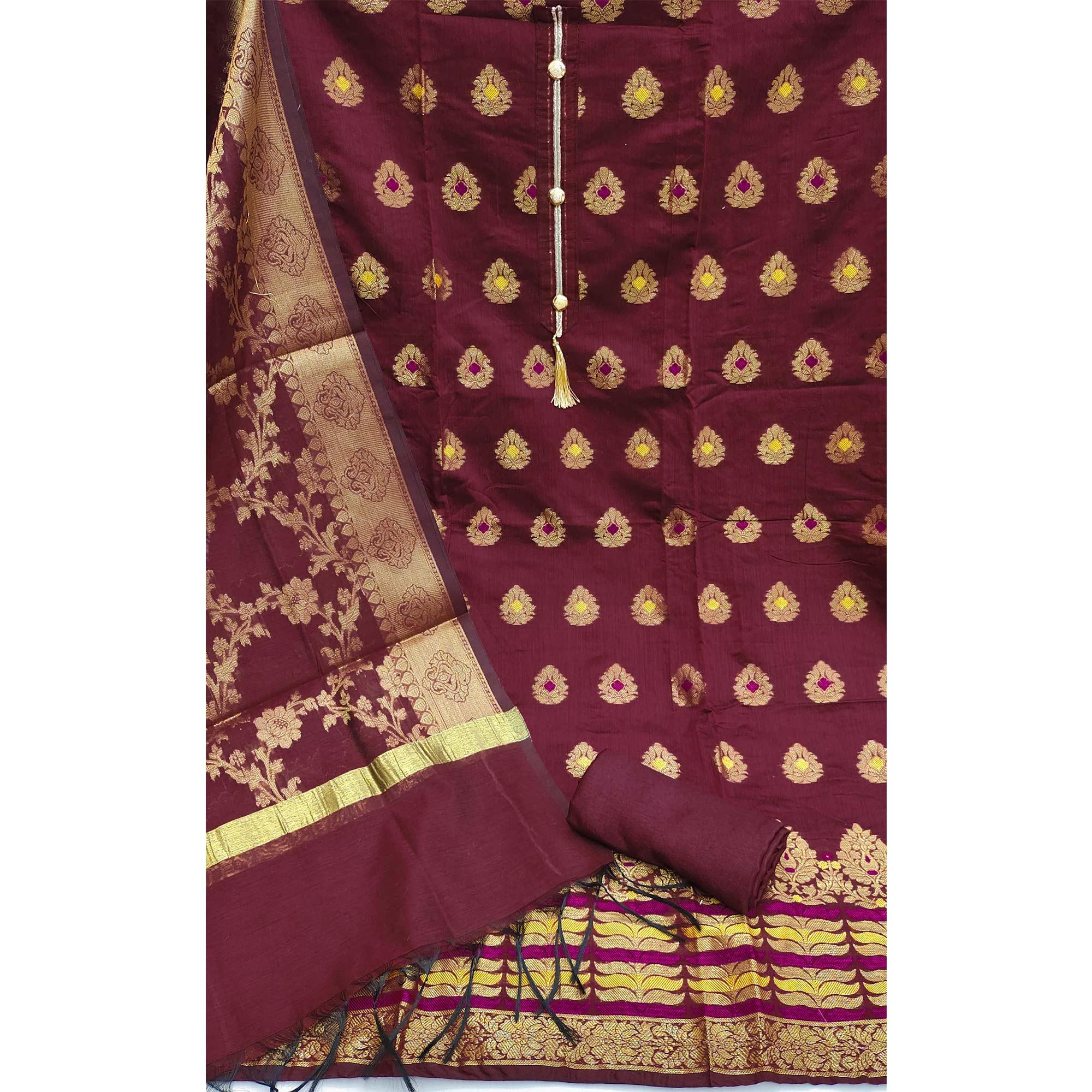 Maroon Festive Wear Woven Work with Tassels Banarasi Jacquard Dress Material - Peachmode