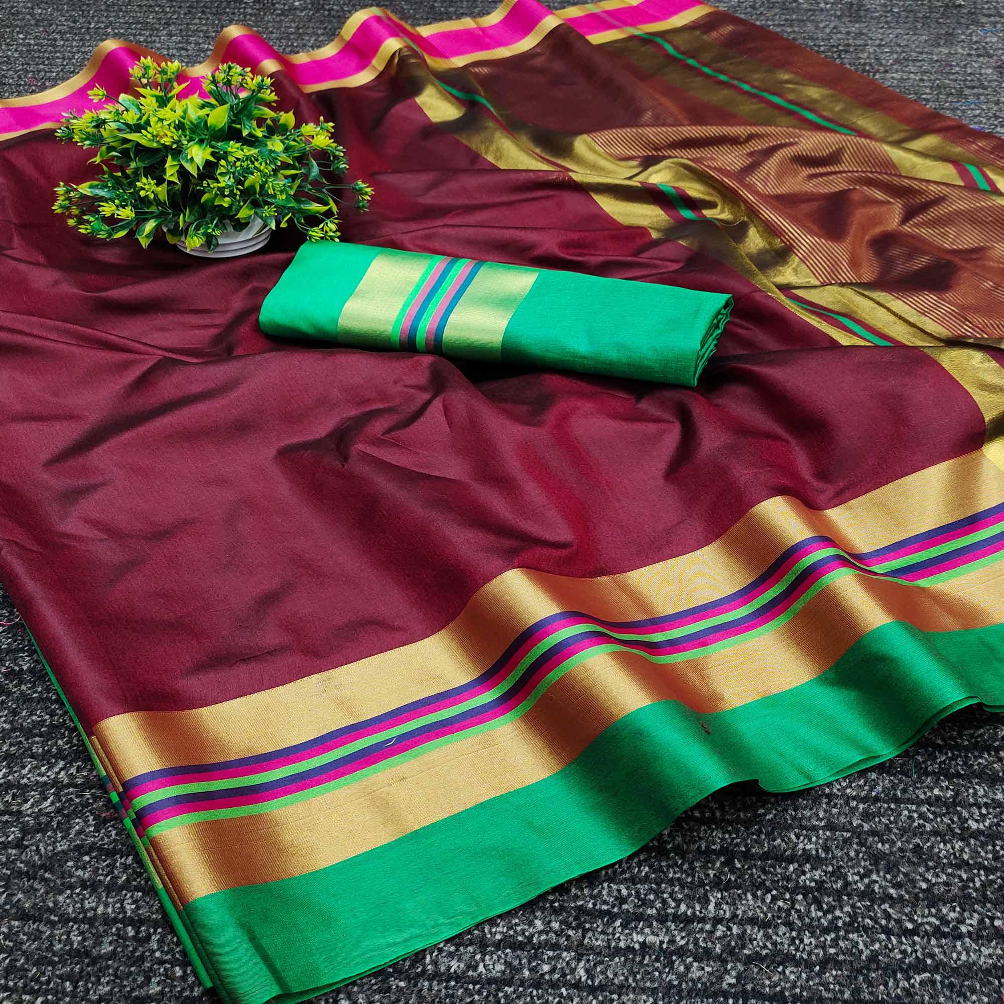 Maroon Festive Wear Zari Border Cotton Blend Saree - Peachmode