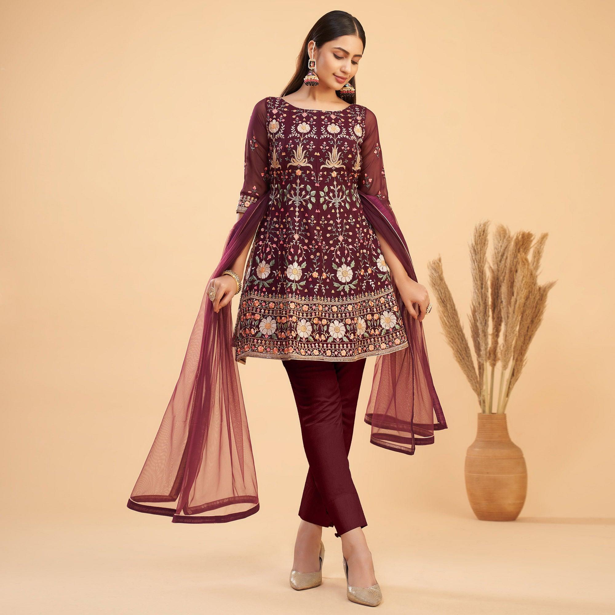Maroon Floral Embroiderd Georgette Salwar Suit - Peachmode