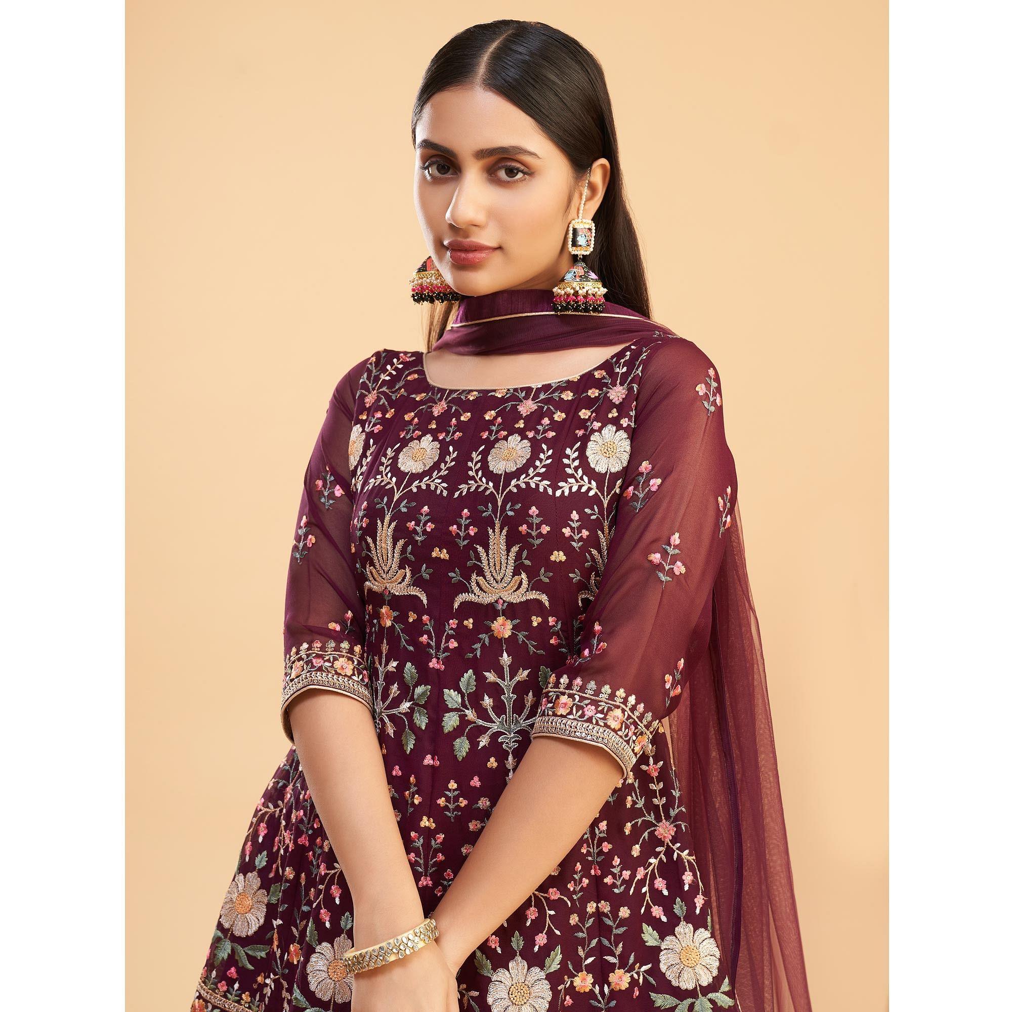 Maroon Floral Embroiderd Georgette Salwar Suit - Peachmode
