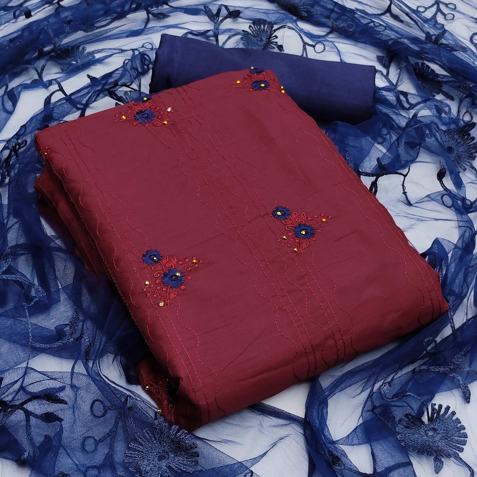 Maroon Floral Embroidered Art Silk Dress Material - Peachmode