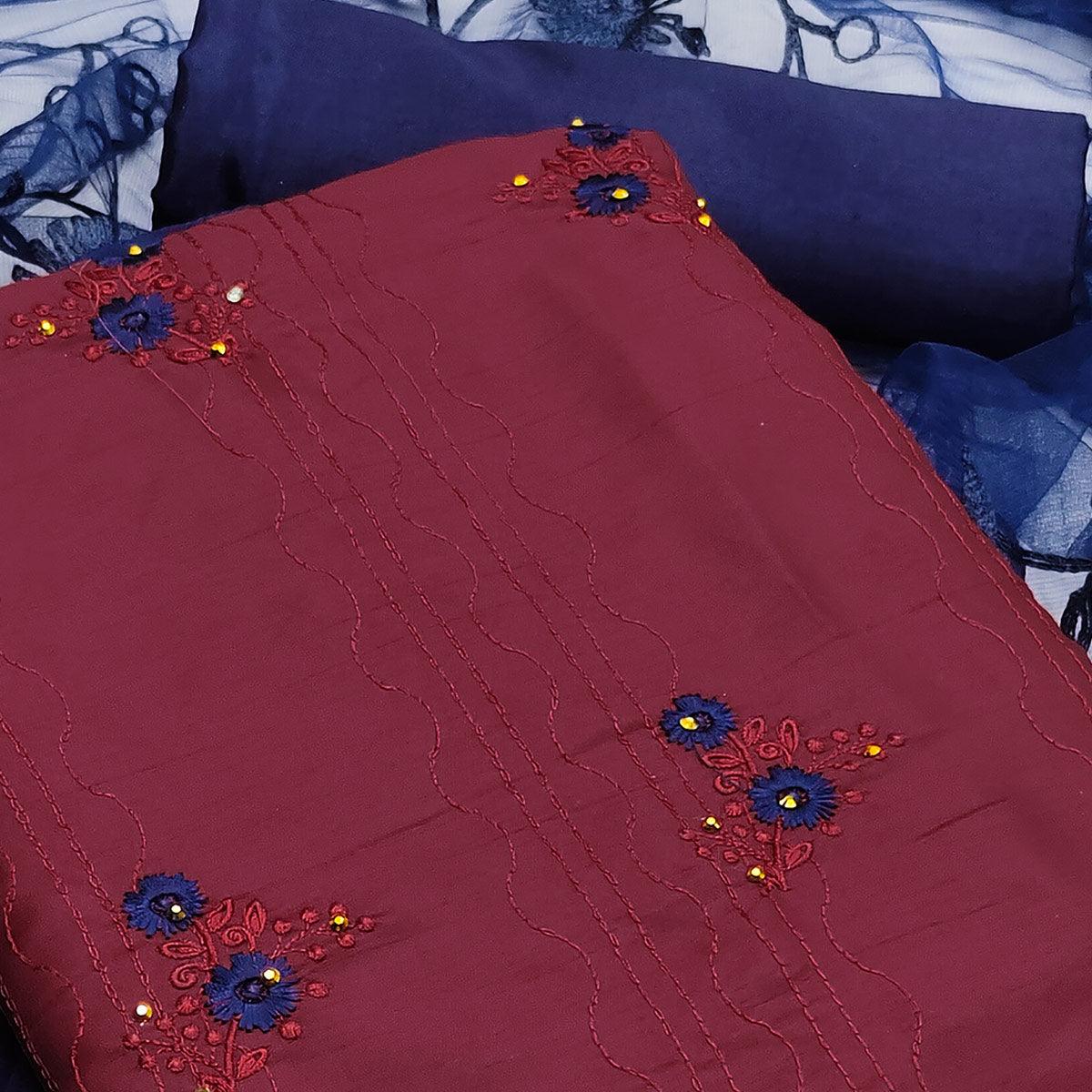 Maroon Floral Embroidered Art Silk Dress Material - Peachmode