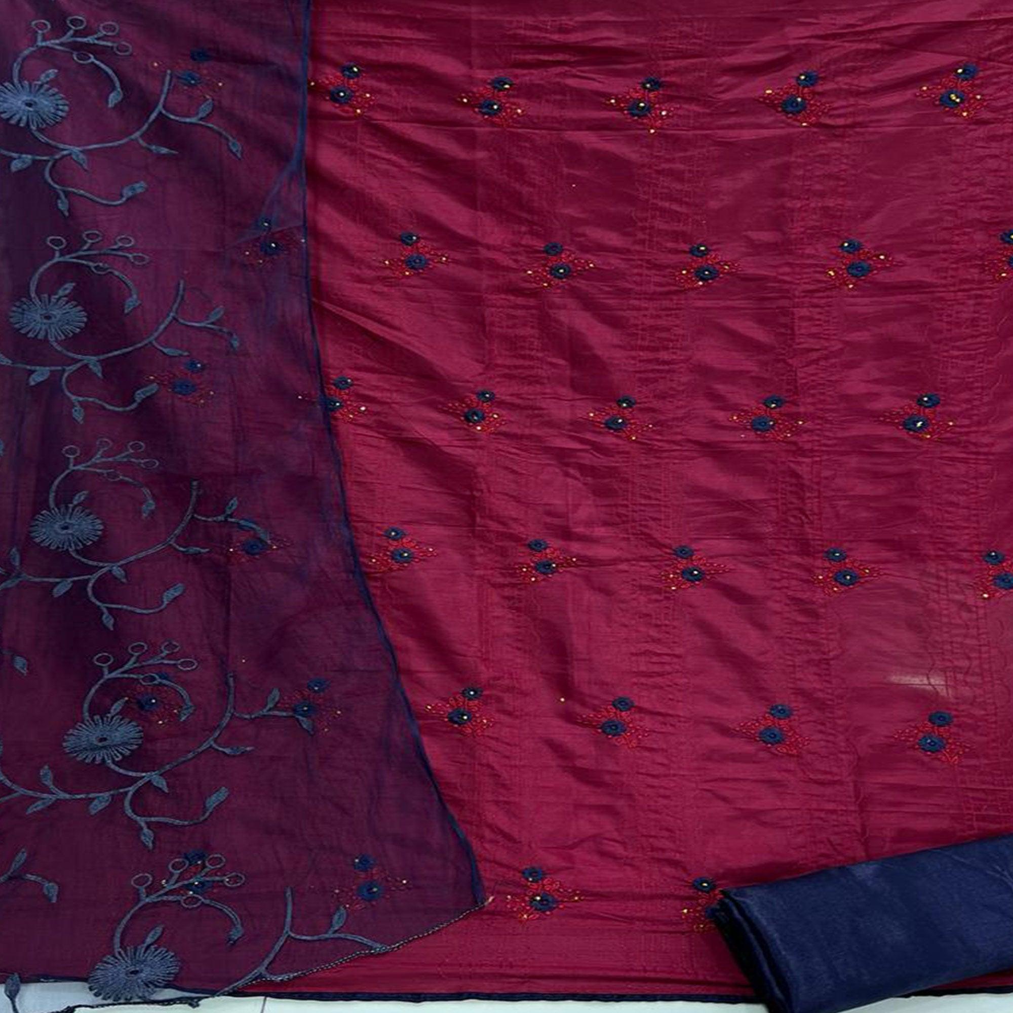 Maroon Floral Embroidered Art Silk Dress Material - Peachmode