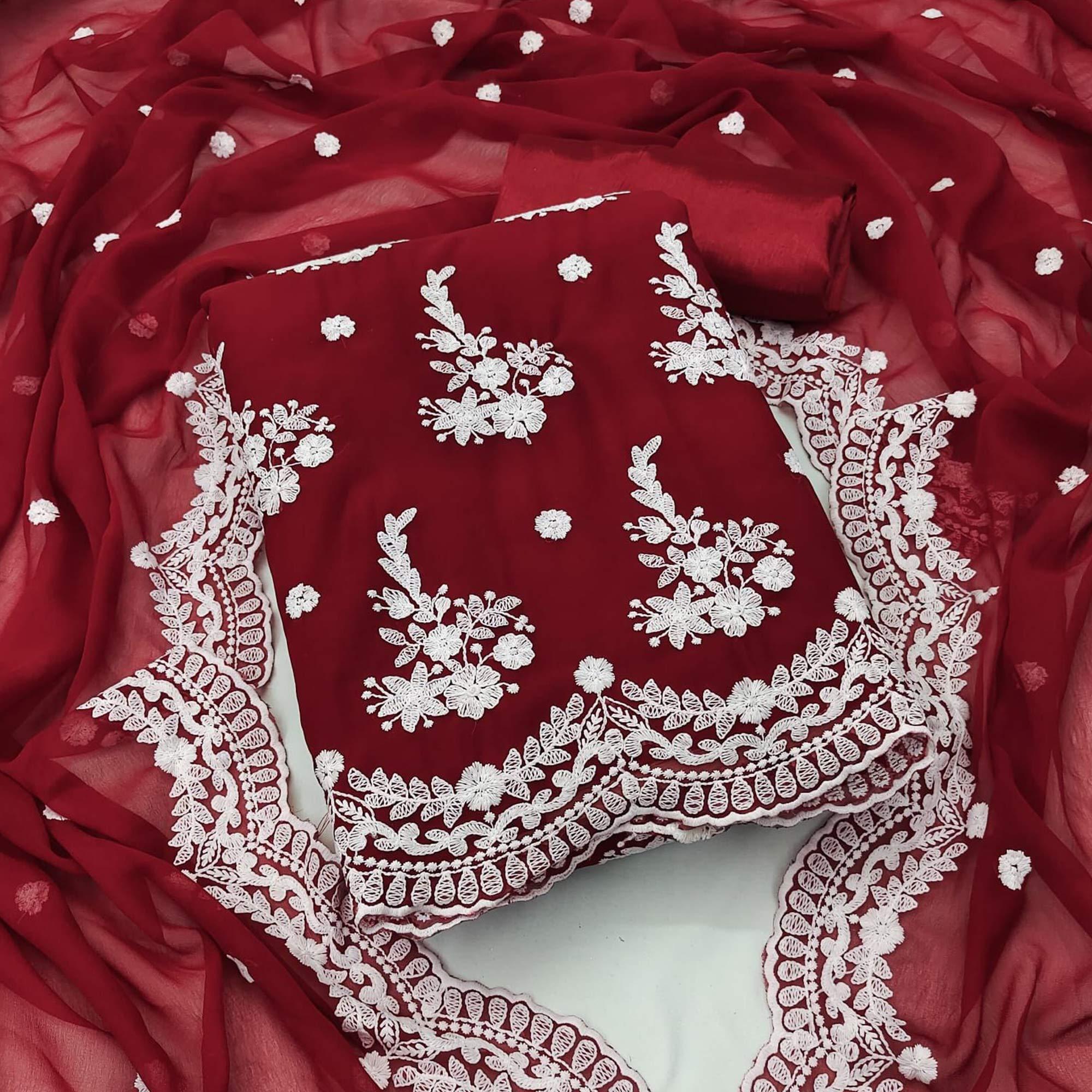 Maroon Floral Embroidered Georgette Dress Material - Peachmode