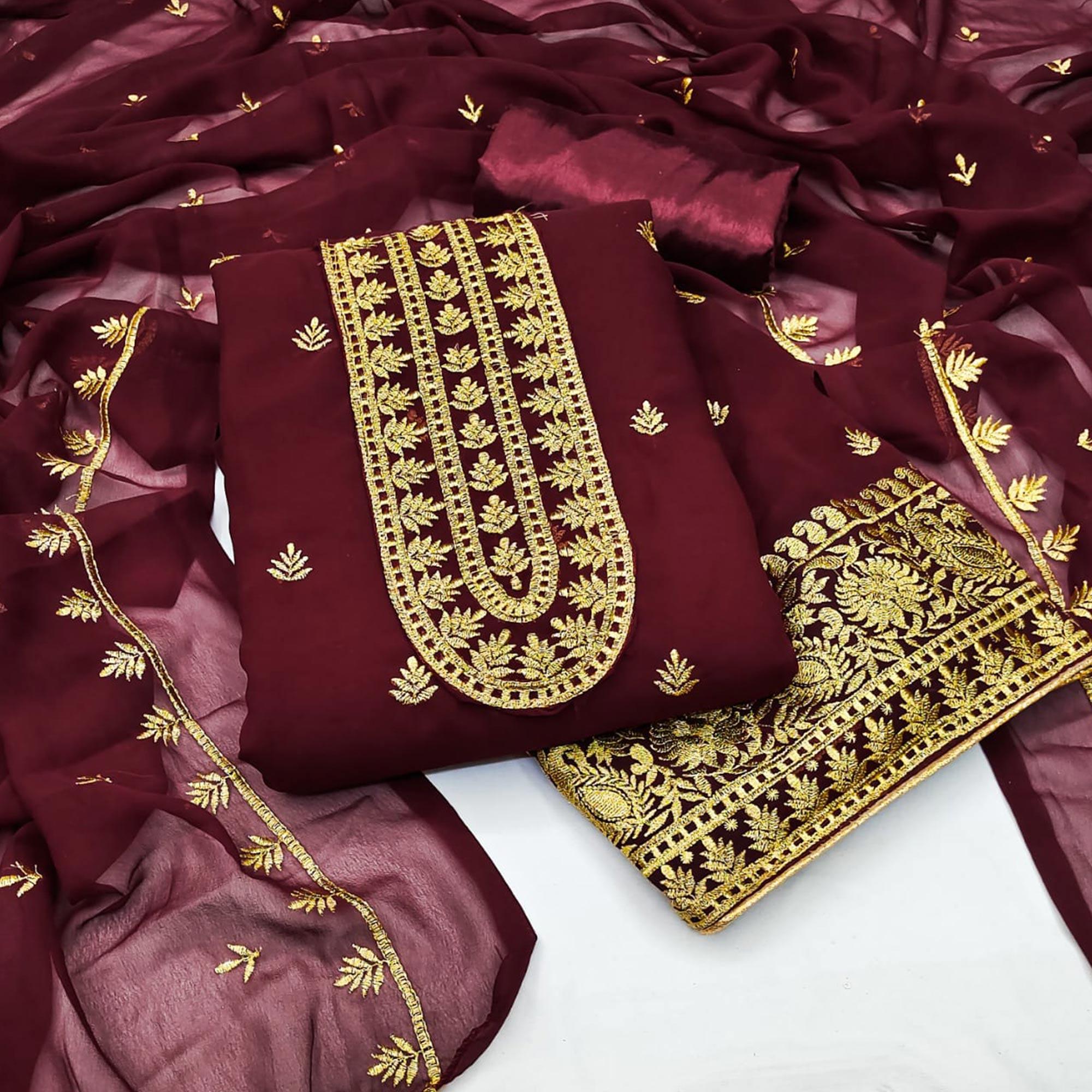 Maroon Floral Embroidered Georgette Dress Material - Peachmode