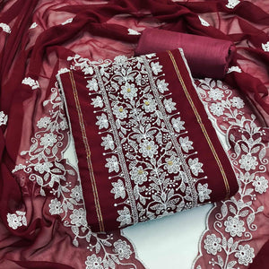 Maroon Floral Embroidered Georgette Dress Material - Peachmode