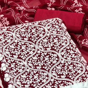 Maroon Floral Embroidered Georgette Dress Material - Peachmode