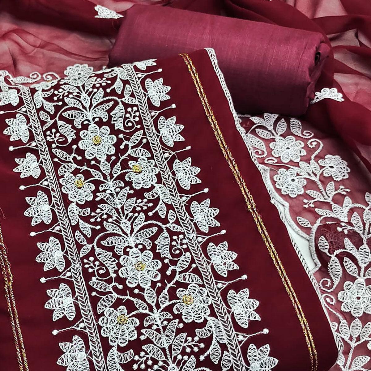 Maroon Floral Embroidered Georgette Dress Material - Peachmode