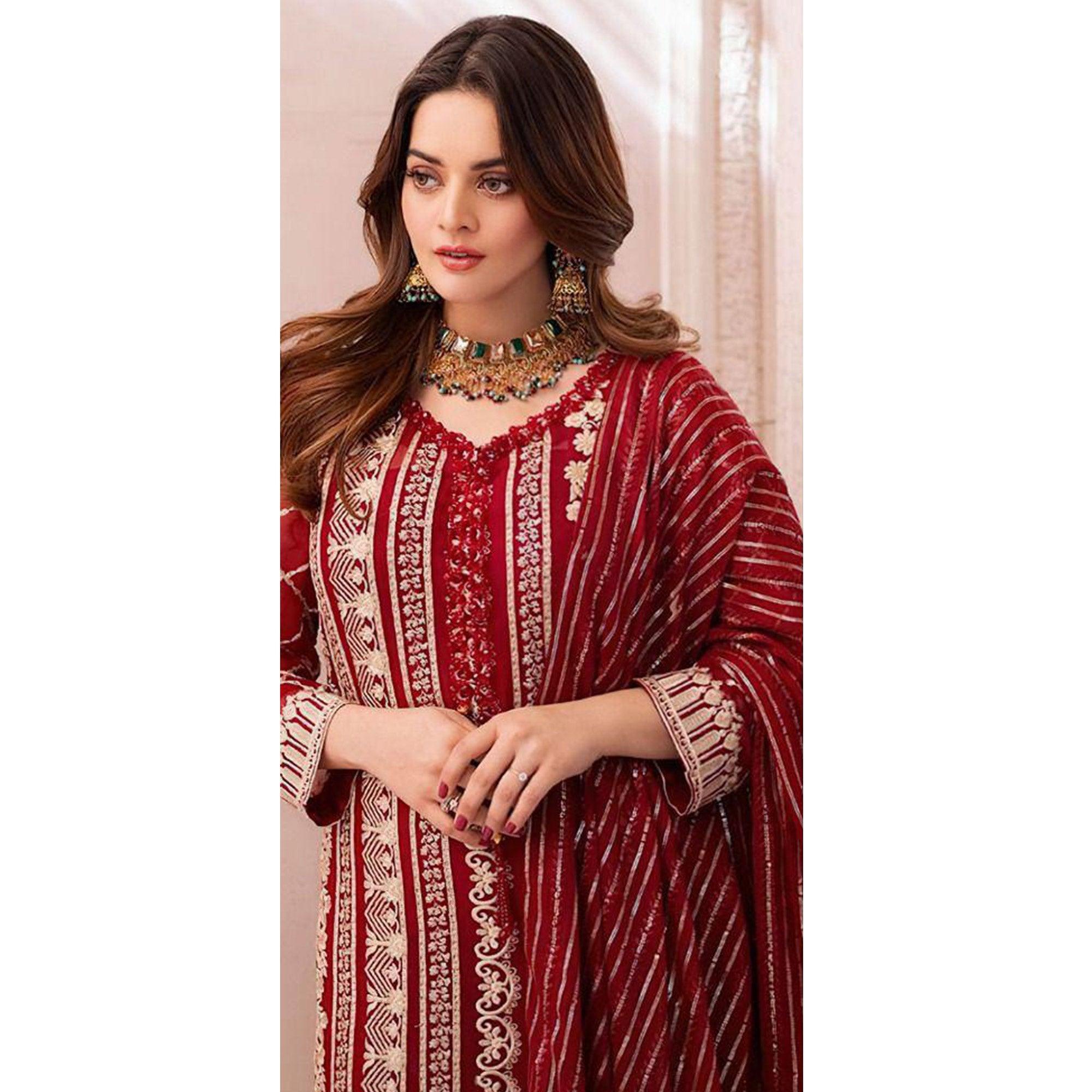 Maroon Floral Embroidered Georgette Pakistani Suit - Peachmode
