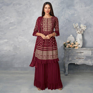 Maroon Floral Embroidered Georgette Sharara Suit - Peachmode
