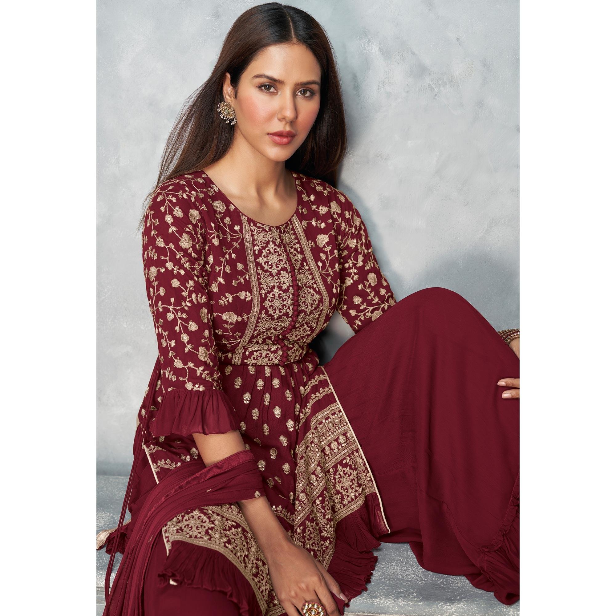 Maroon Floral Embroidered Georgette Sharara Suit - Peachmode