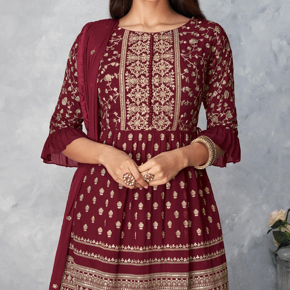 Maroon Floral Embroidered Georgette Sharara Suit - Peachmode