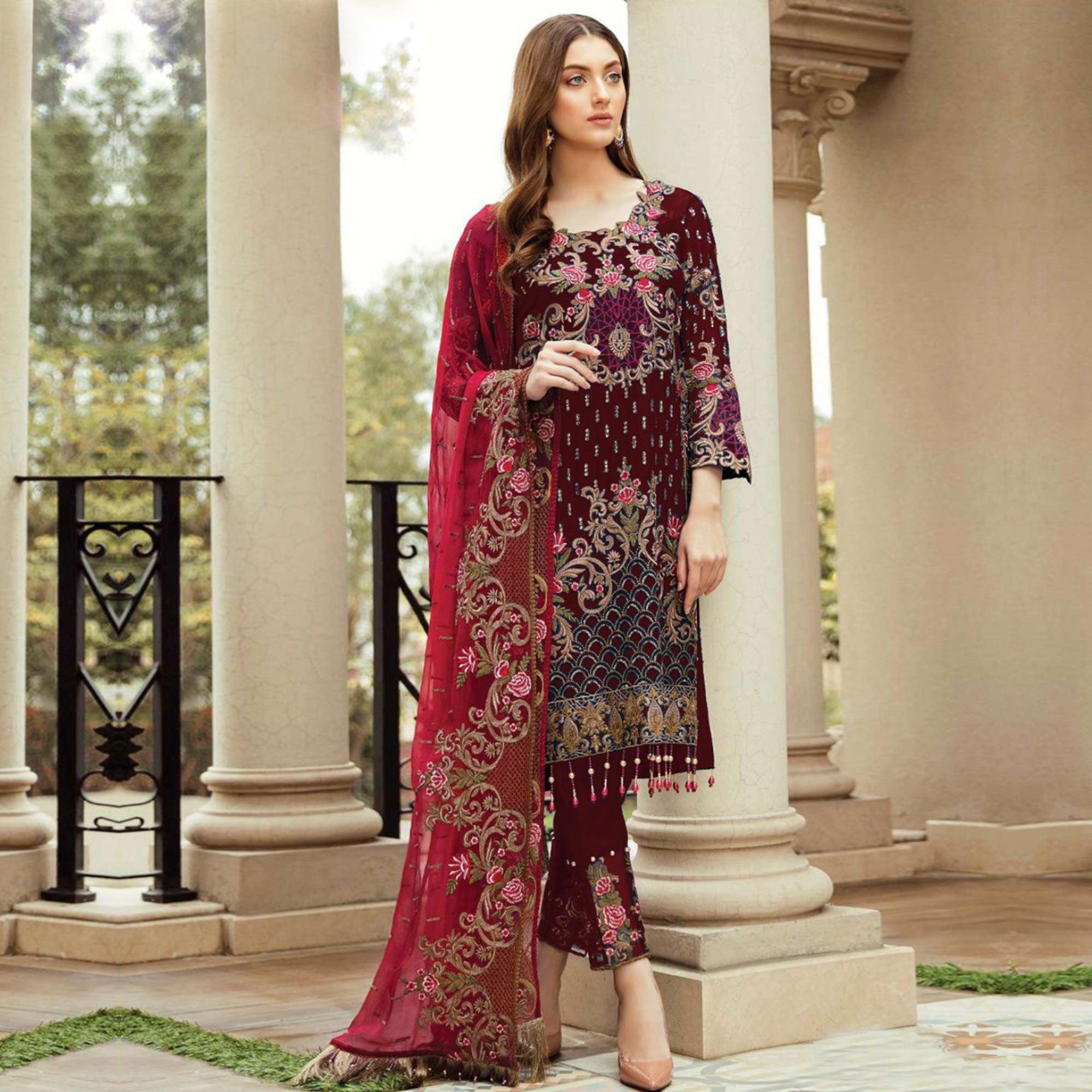 Maroon Floral Embroidered Kashmiri Style Georgette Salwar Suit - Peachmode