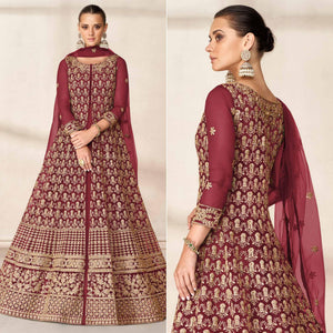 Maroon Floral Embroidered Net Anarkali Style Gown - Peachmode