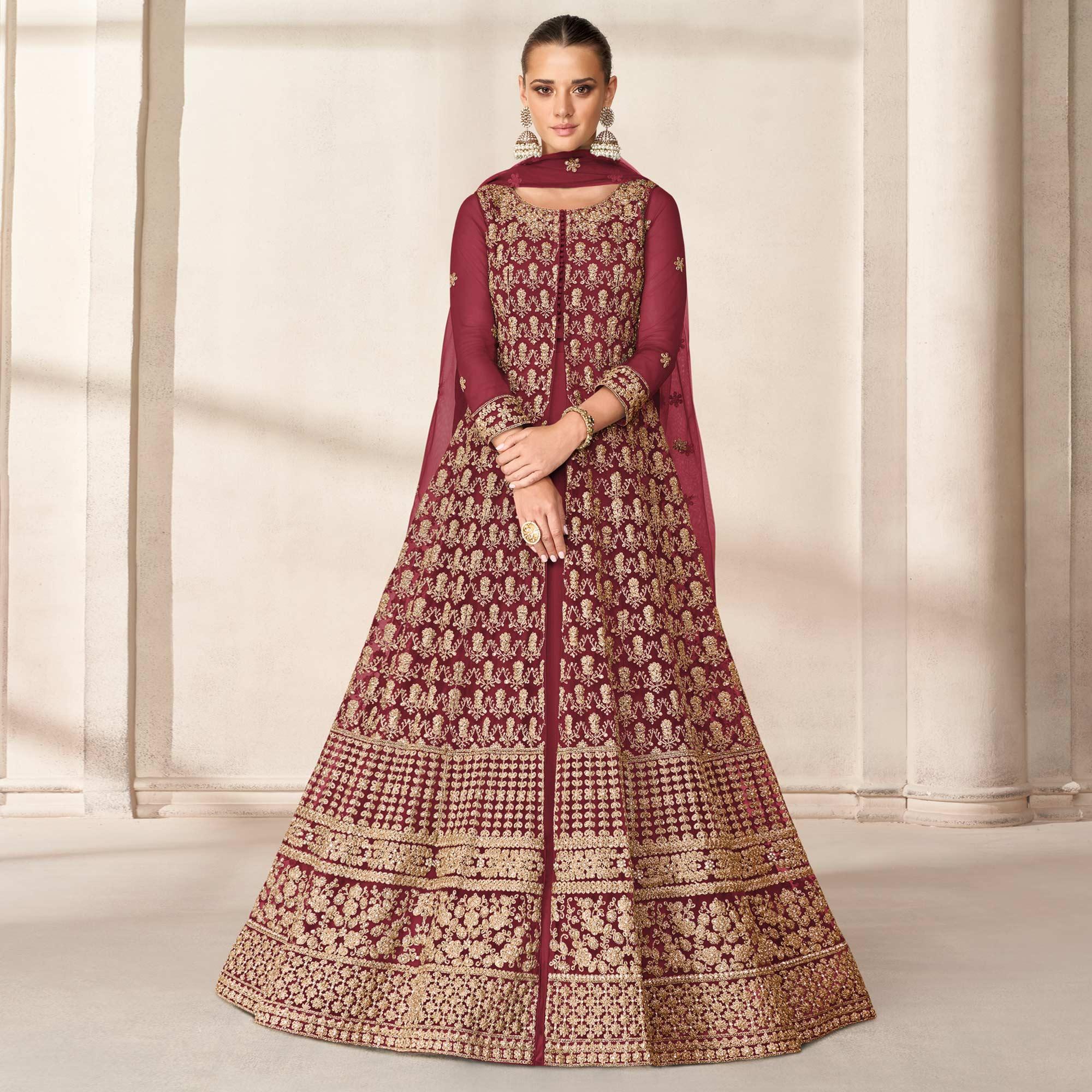 Maroon Floral Embroidered Net Anarkali Style Gown - Peachmode