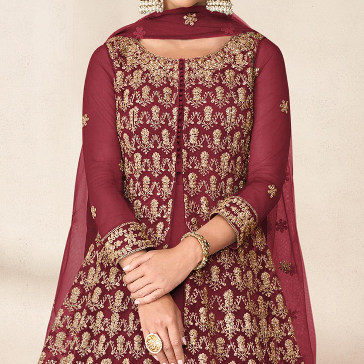 Maroon Floral Embroidered Net Anarkali Style Gown - Peachmode