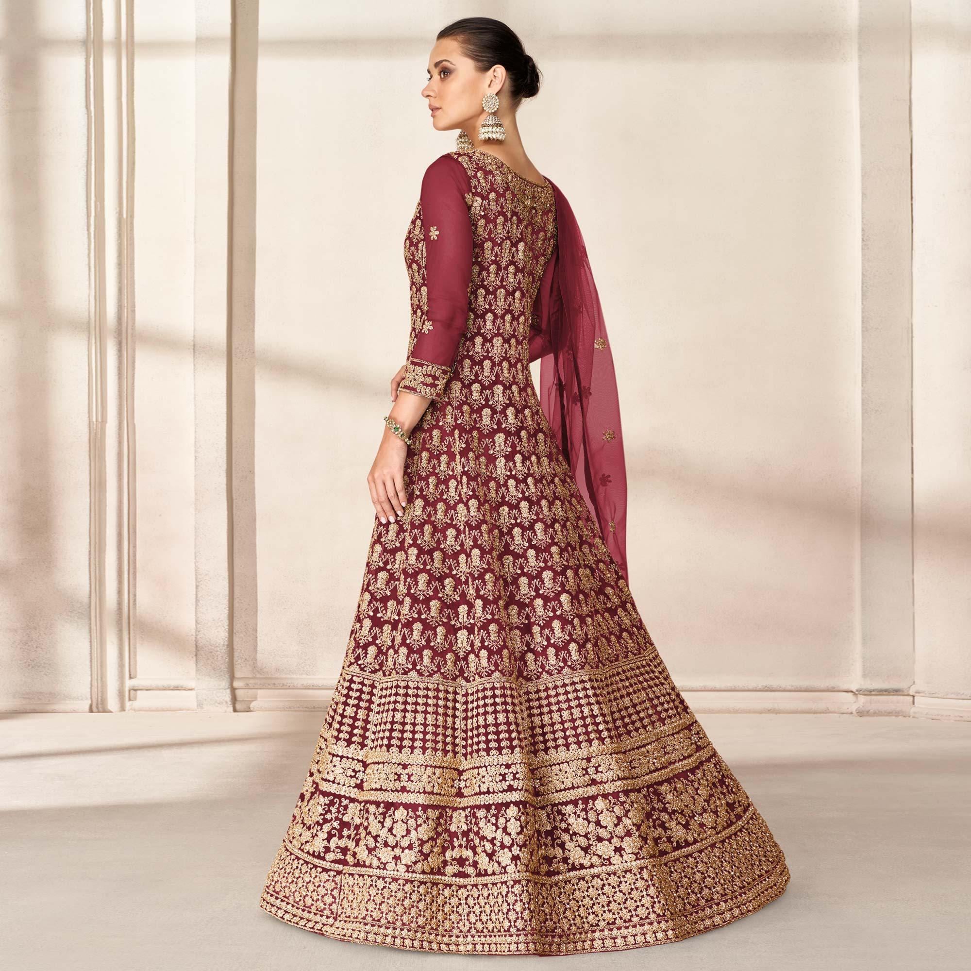 Maroon Floral Embroidered Net Anarkali Style Gown - Peachmode