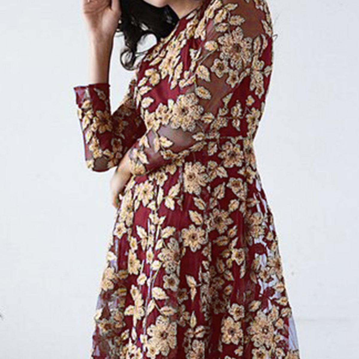 Maroon Floral Embroidered Net Gown - Peachmode