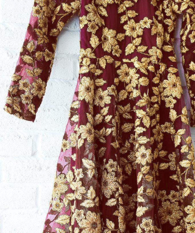 Maroon Floral Embroidered Net Gown - Peachmode