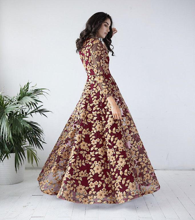 Maroon Floral Embroidered Net Gown - Peachmode