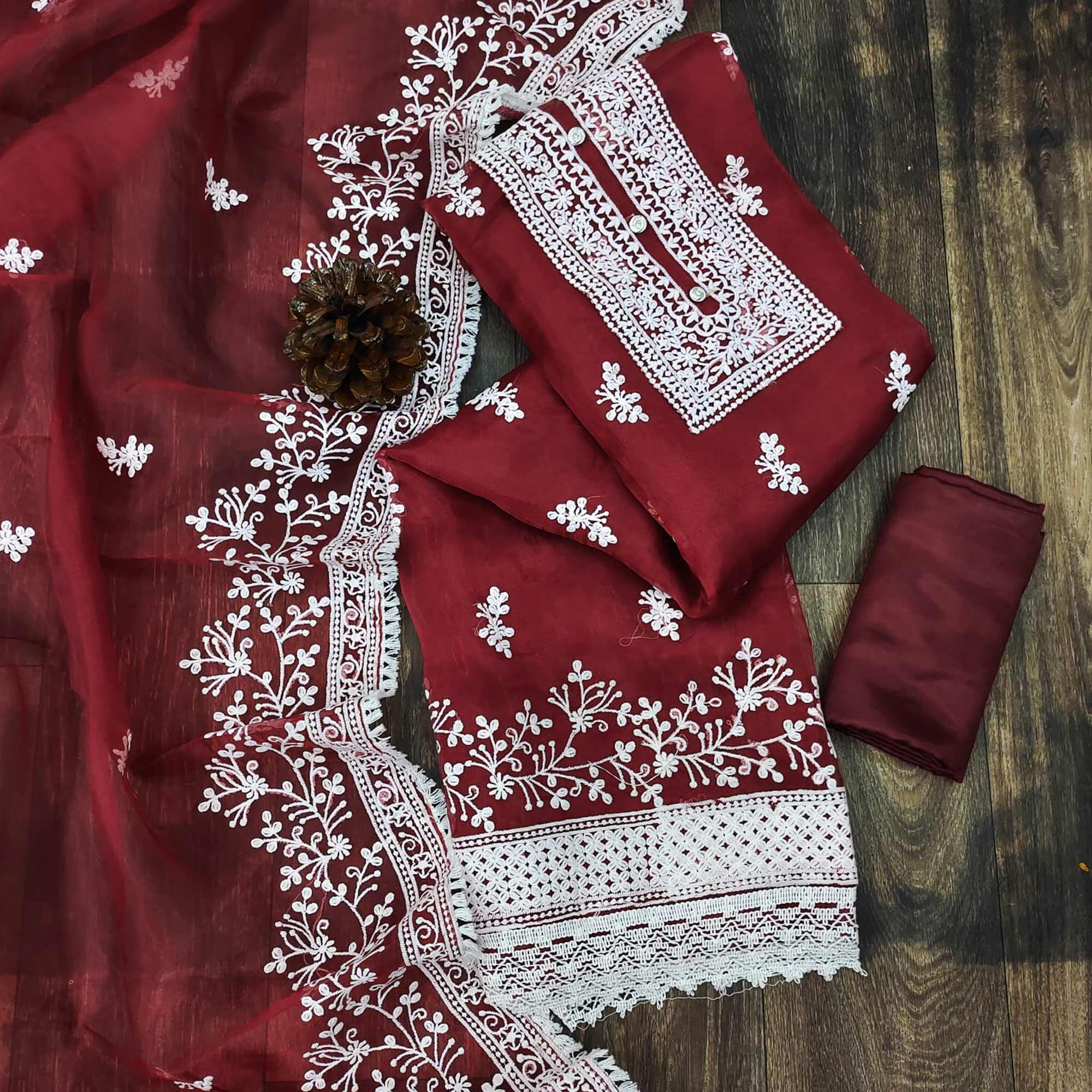 Maroon Floral Embroidered Organza Dress Material - Peachmode