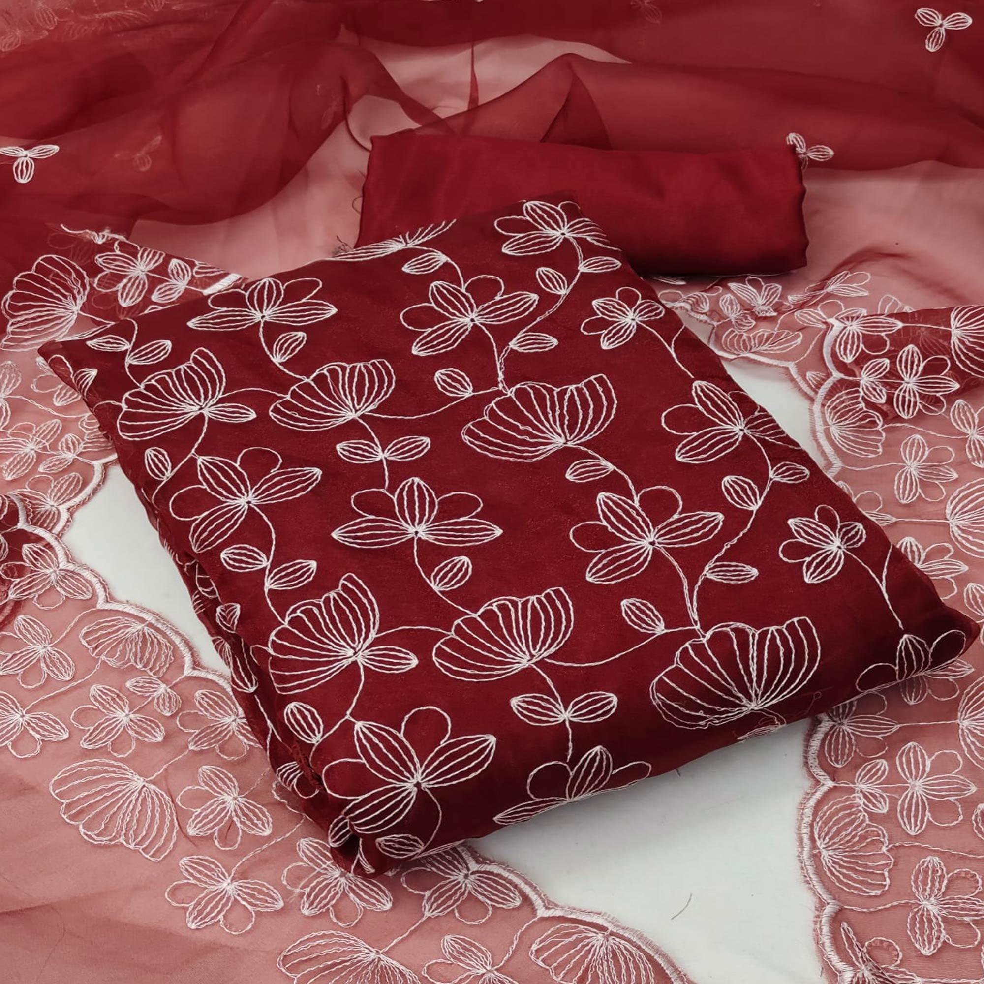 Maroon Floral Embroidered Organza Dress Material - Peachmode