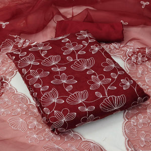 Maroon Floral Embroidered Organza Dress Material - Peachmode
