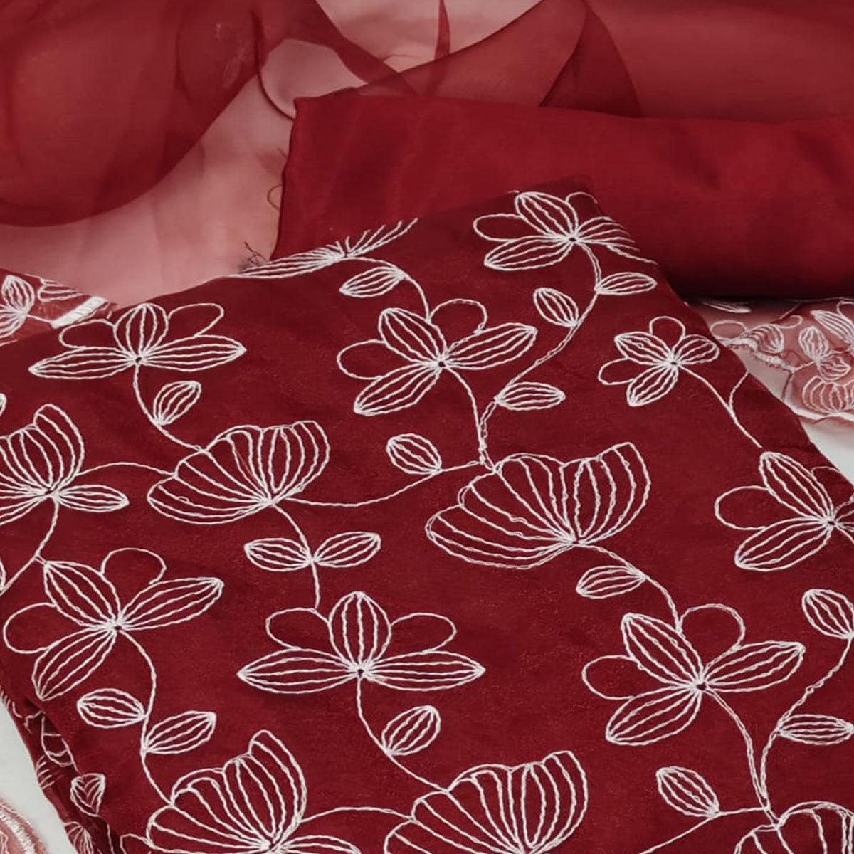 Maroon Floral Embroidered Organza Dress Material - Peachmode