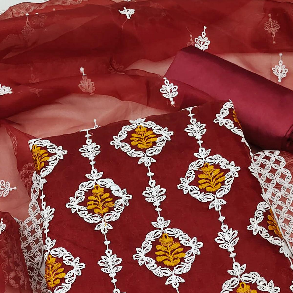 Maroon Floral Embroidered Organza Dress Material - Peachmode