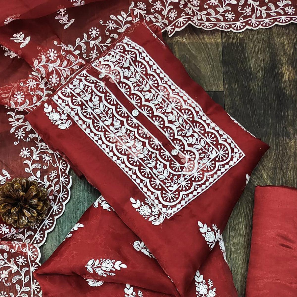 Maroon Floral Embroidered Organza Dress Material - Peachmode