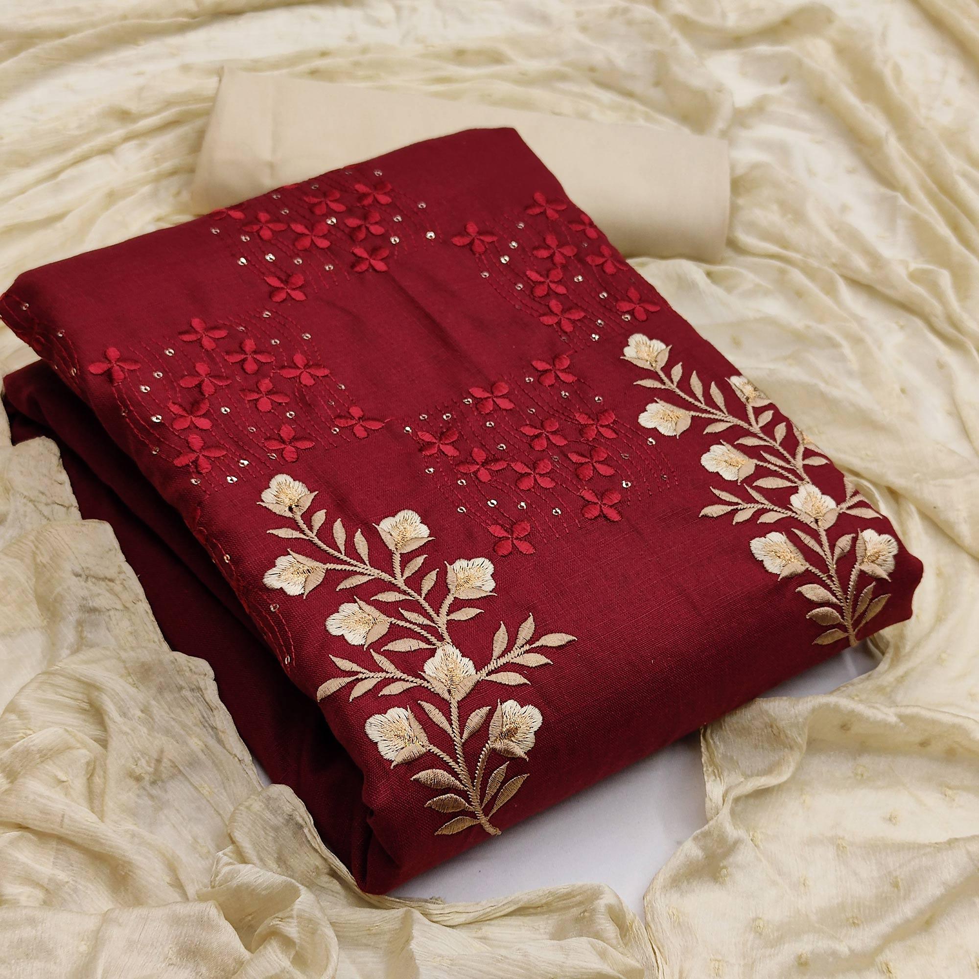 Maroon Floral Embroidered Pure Cotton Dress Material - Peachmode