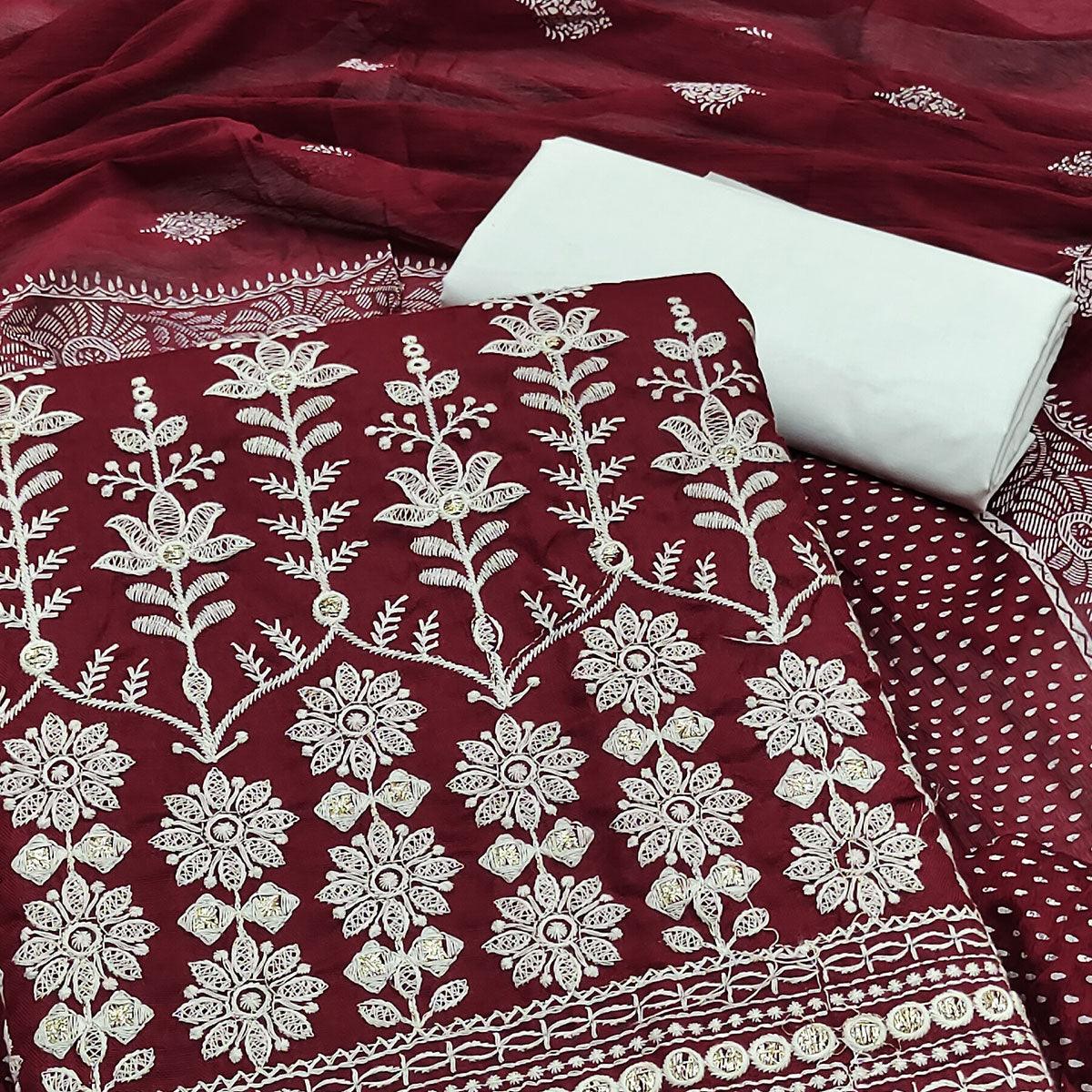 Maroon Floral Embroidered Pure Cotton Dress Material - Peachmode